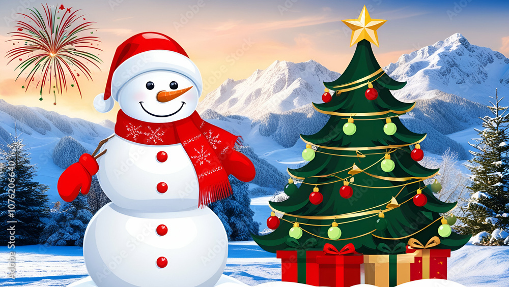 Obraz premium Happy Christmas, A Snowman with Christmas Hat on Snow Mountains, Generative Ai