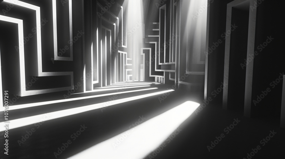 A futuristic corridor illuminated by sharp white lines and beams of light, creating a modern abstract environment for graphic resources. A futuristic corridor illuminated by sharp white lines and beams of light, creating a modern abstract environment for graphic resources.