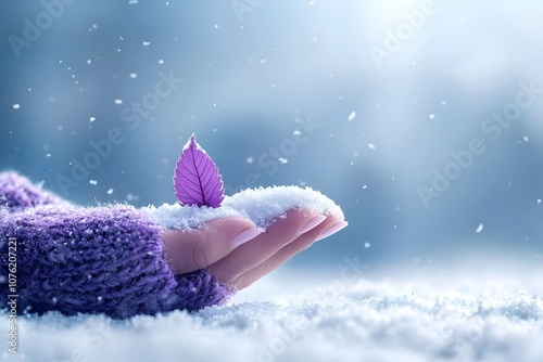 Wallpaper Mural Delicate touch of nature in winter, showcasing a single purple leaf resting on a hand amid soft snowflakes falling in a serene snowy landscape capturing the essence of tranquility. Torontodigital.ca