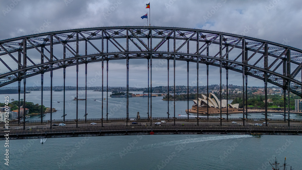 Aerial Drone view of Sydney Harbour bridge and Harbour foreshore Sydney NSW Australia Aerial Drone view of Sydney Harbour bridge and Harbour foreshore Sydney NSW Australia