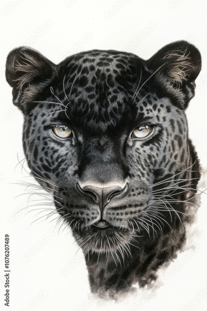 Obraz premium A stunning portrait of a classic black leopard, showcasing its majestic features and captivating gaze in a detailed artistic rendering. Generative AI
