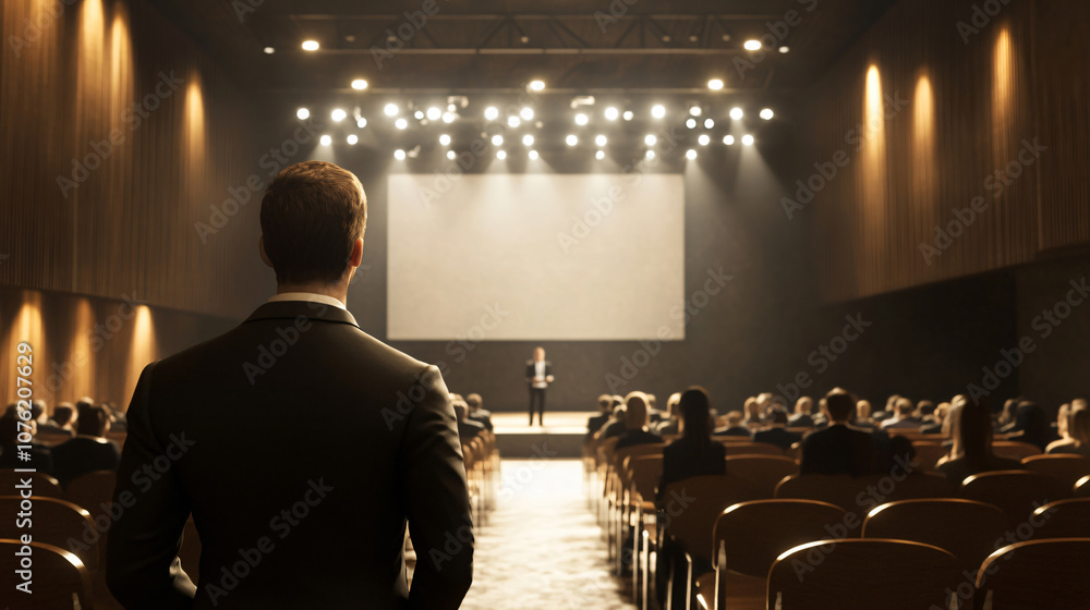 A professional setting with an audience and a speaker on stage illuminated by bright lights, highlighting a conference atmosphere for business. A professional setting with an audience and a speaker on stage illuminated by bright lights, highlighting a conference atmosphere for business.