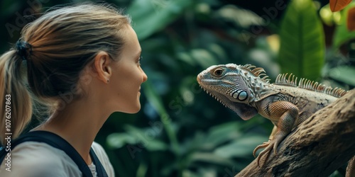 A woman interacts gently with a colorful iguana in a lush tropical setting. This image captures a moment of connection between human and animal in nature. A serene portrayal of wildlife. AI photo