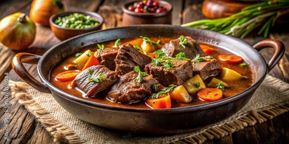 Beef Short Ribs Stew, Deep Focus, Gourmet Dish, Rich Flavor, Hearty Meal, Rustic Tableware Beef Short Ribs Stew, Deep Focus, Gourmet Dish, Rich Flavor, Hearty Meal, Rustic Tableware