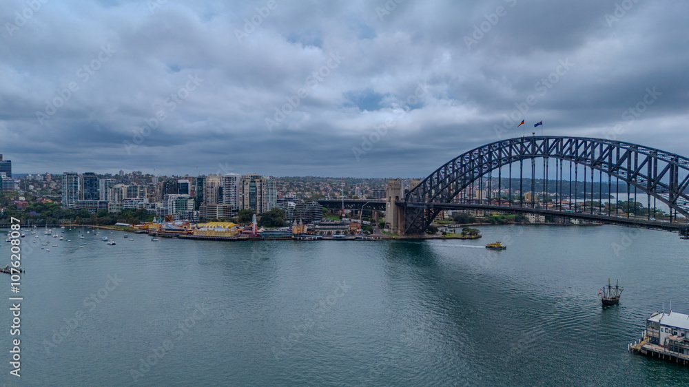 Fototapeta premium Aerial Drone view of Sydney Harbour bridge and Harbour foreshore Sydney NSW Australia