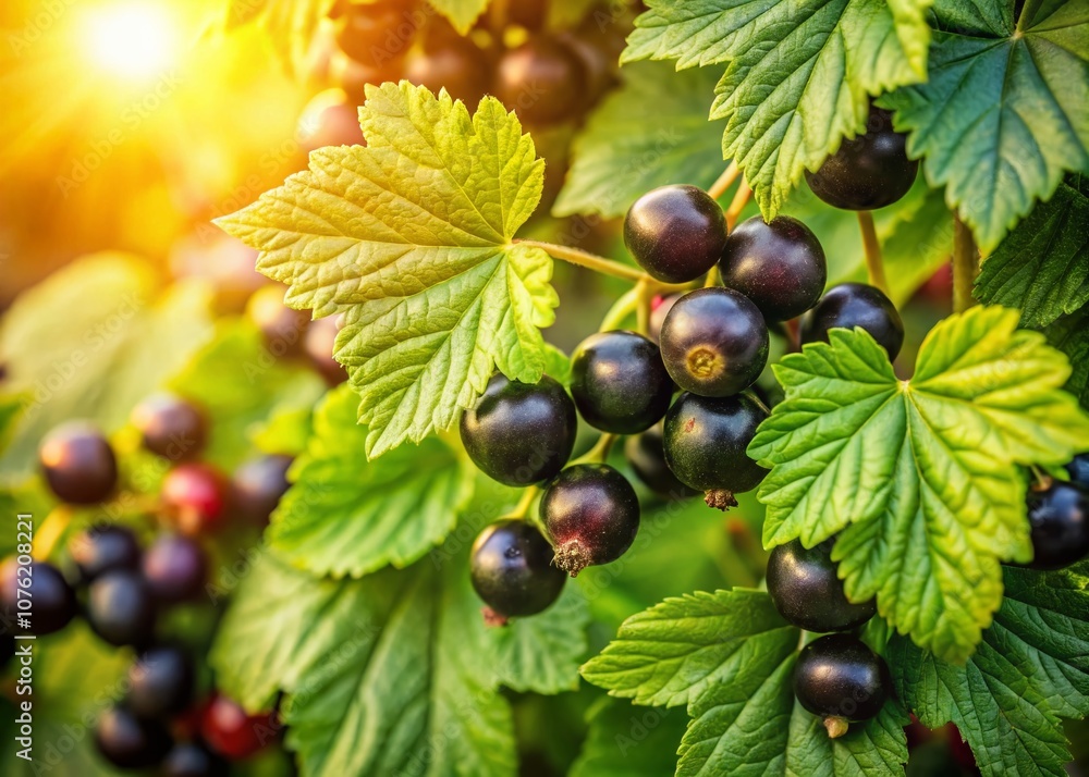 Black currant leaves bask in sunlight, seen from above. Black currant leaves bask in sunlight, seen from above.