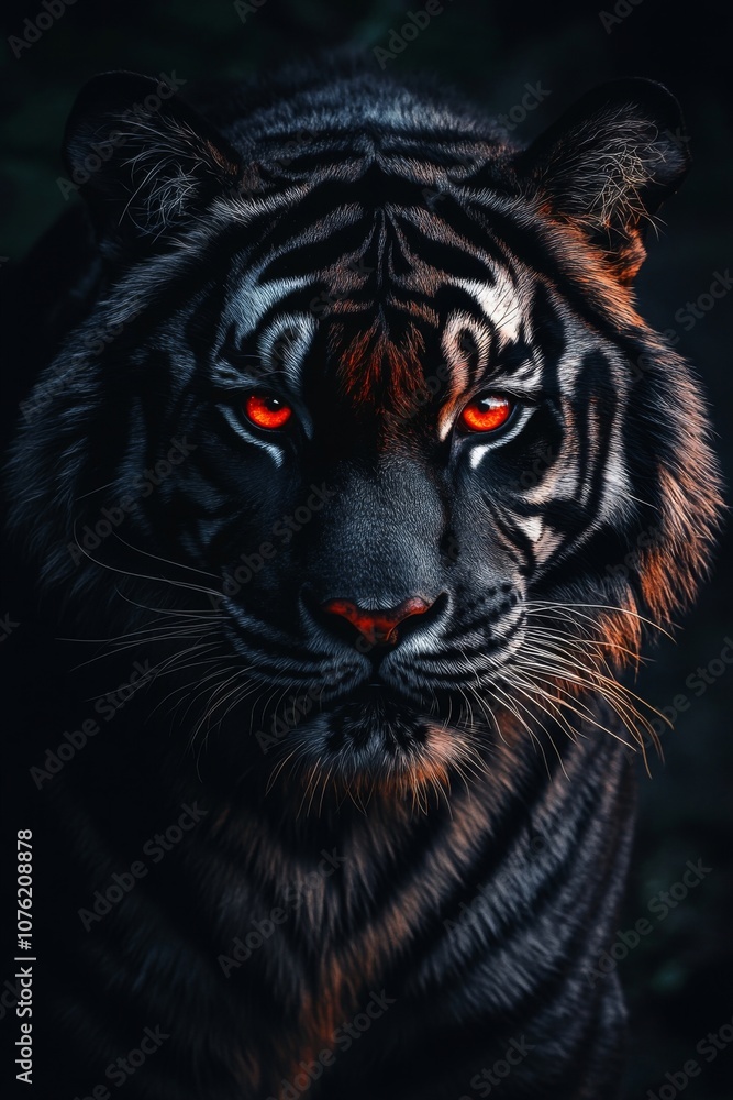 Obraz premium Stunning portrait of a black tiger with piercing eyes, capturing its majestic presence in a darkened forest at dusk. Generative AI