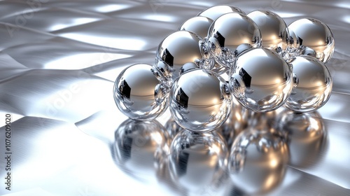 A close-up view of shiny metallic spheres reflecting light on a rippled silver surface, creating an elegant composition.