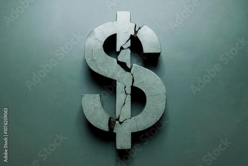 Dollar sign with cracks on green background.