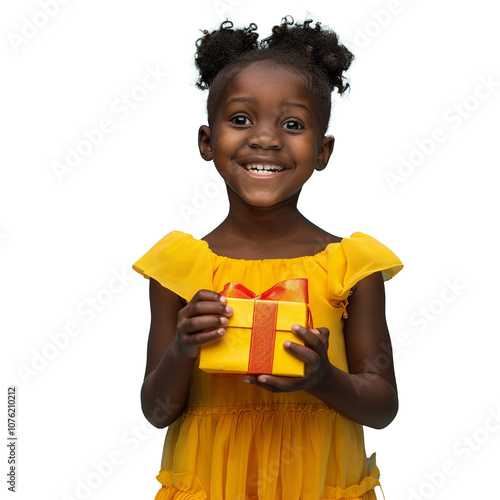 A Happy little black african girl with holding gift on transparent background