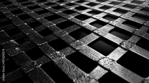 Intricate close-up of a black metal grate, showcasing a textured, geometric pattern with a dramatic play of light and shadow.