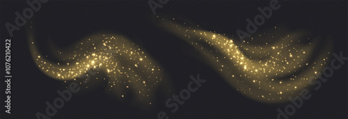 Golden magic cloud with sparkles, stardust sparkling decoration. Glowing glitter smoke trail. Vector illustration.