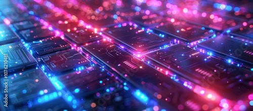 Abstract futuristic background with glowing neon lights and circuit boards.