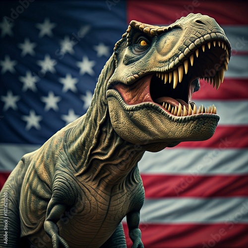 Tyrannosaurus rex with a flag of the United States of America. High quality image. Ai generated.