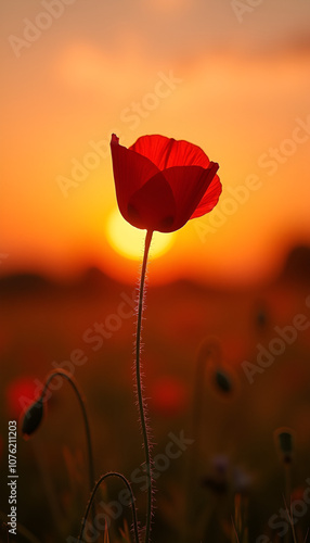 Red poppy flower silhouette at sunset, with soft light and copy space
