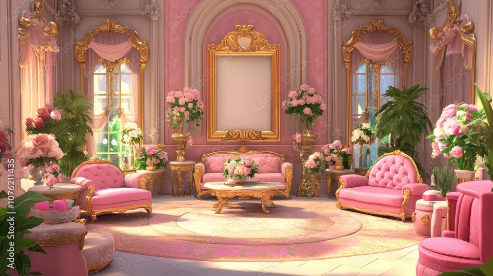 Elegant Pink Interior Design with Floral Accents and Luxurious Furnishings in a Bright, Light-filled Room Ideal for Celebrations and Stylish Gatherings Elegant Pink Interior Design with Floral Accents and Luxurious Furnishings in a Bright, Light-filled Room Ideal for Celebrations and Stylish Gatherings