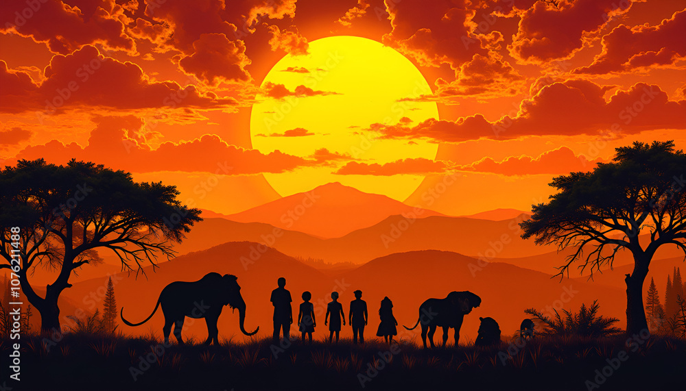 Silhouetted figures of people and elephants against a vibrant sunset, highlighting the beauty of nature, copy space
Silhouetted figures of people and elephants against a vibrant sunset, highlighting the beauty of nature, copy space