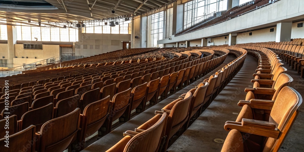 Fototapeta premium Empty convention center chairs, photorealistic AI render.