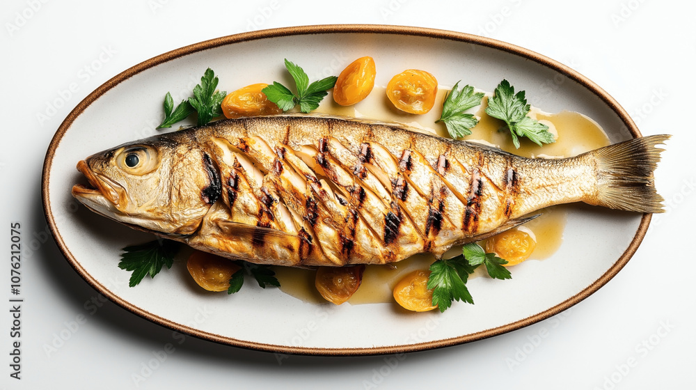 Grilled whole fish with grill marks served on an oval plate with fresh herbs and yellow cherry tomatoes in a light sauce. Grilled whole fish with grill marks served on an oval plate with fresh herbs and yellow cherry tomatoes in a light sauce.