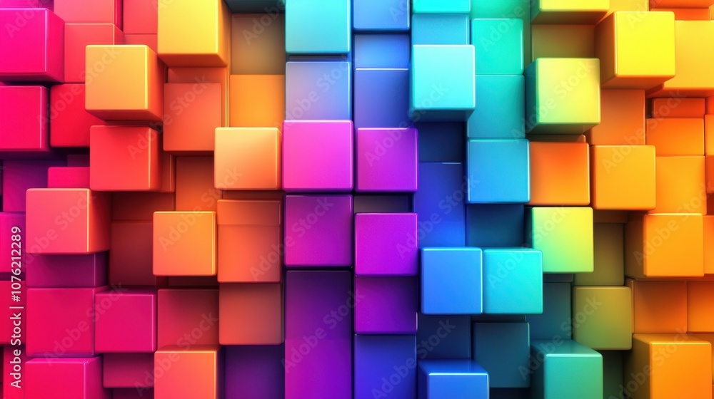 Vibrant arrangement of 3D cubes in a spectrum of colors, creating a dynamic and lively visual effect. Vibrant arrangement of 3D cubes in a spectrum of colors, creating a dynamic and lively visual effect.