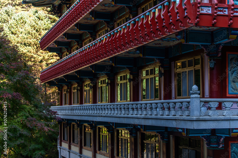 the exterior of multi-floored building in the Buddhist temple
