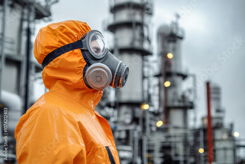 Man in orange protective suit and gas mask stands near chemical plant during overcast weather for safety and environmental awareness photo