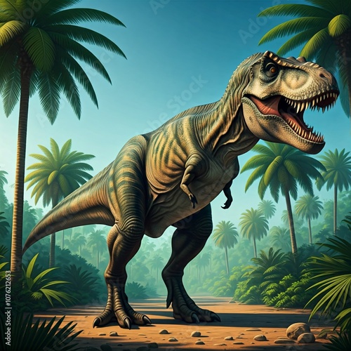 Tyrannosaurus rex with prehistoric landscape. High quality image. Ai generated.