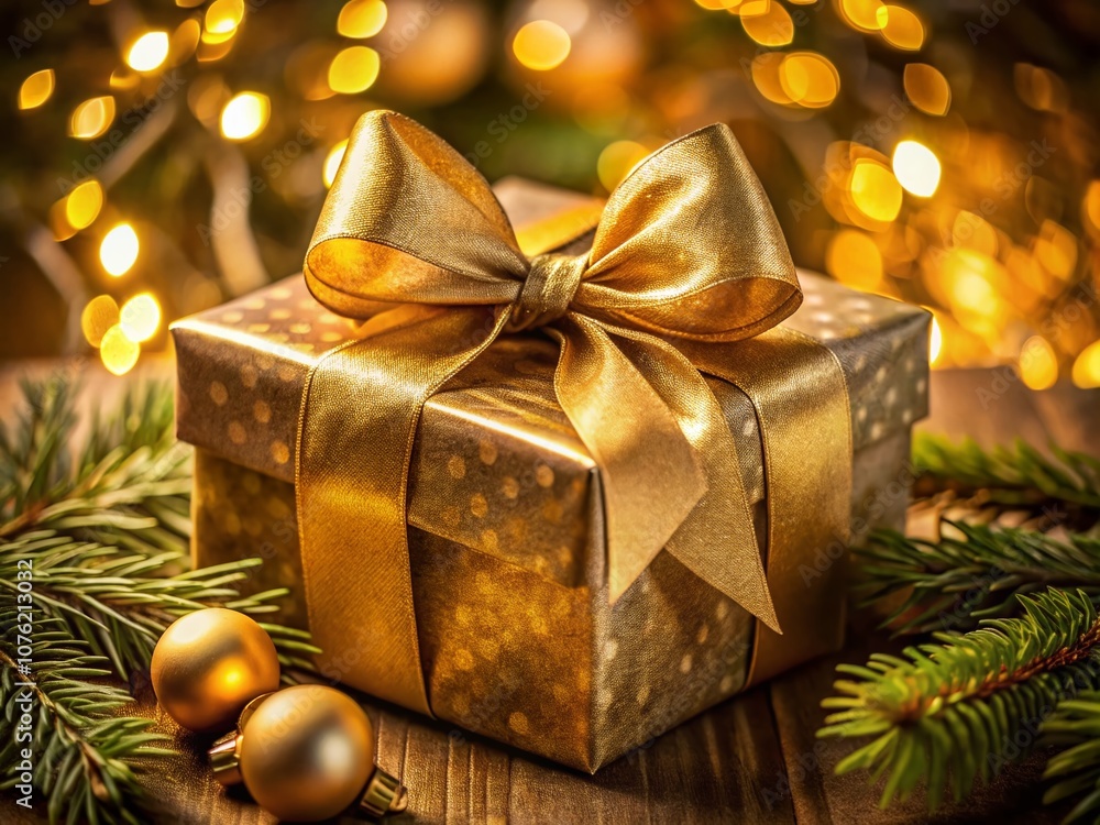 Golden ribbon, low-light Christmas gift box, AI art. Golden ribbon, low-light Christmas gift box, AI art.