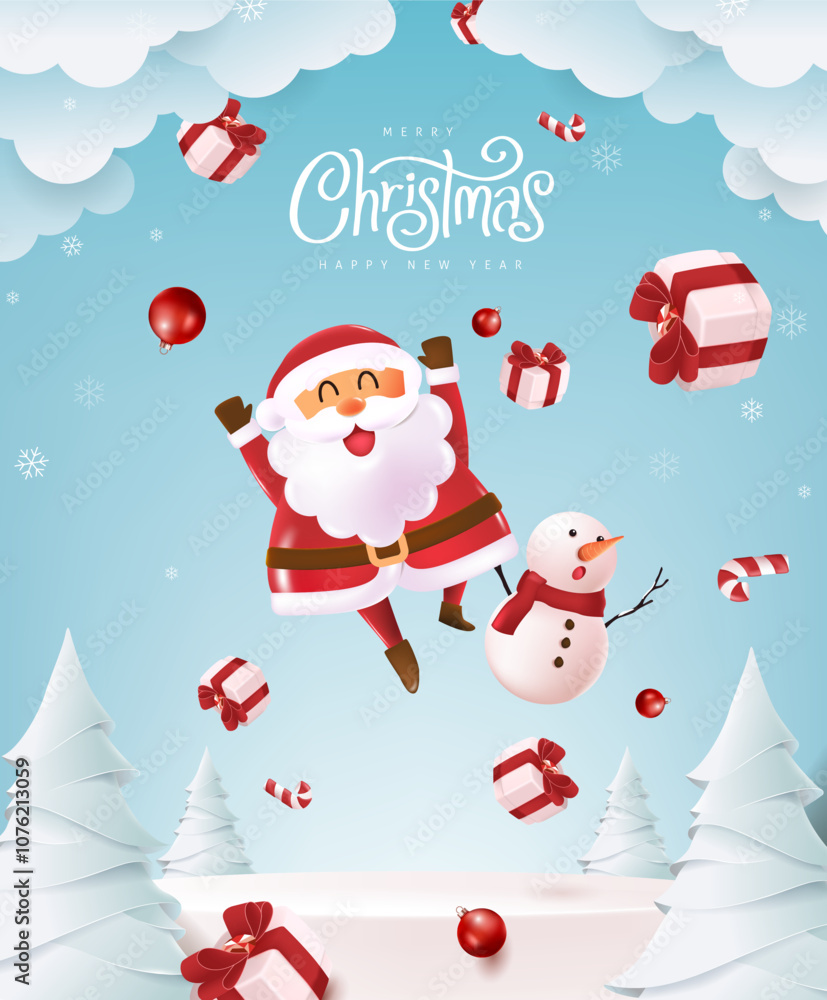 Merry christmas and happy new year greeting card with cute funny Santa Claus and Cute snowman in winter christmas landscape snow falling and alot of gift box Merry christmas and happy new year greeting card with cute funny Santa Claus and Cute snowman in winter christmas landscape snow falling and alot of gift box