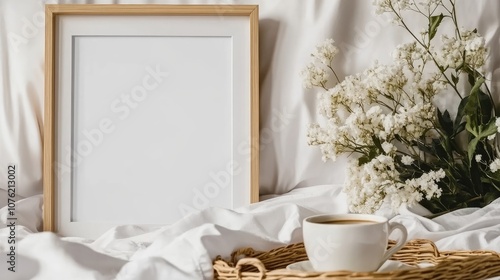 Tranquil Coffee Moment with Empty Picture Frame, Fresh Flowers, White Bedding, and Wooden Tray Emphasizing Minimalist Home Aesthetic and Cozy Vibe