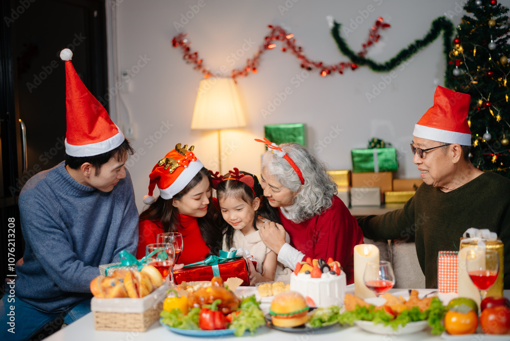 Joyful Asian family celebrating Christmas together with gifts, festive food, and decorations, capturing love, Joyful Asian family celebrating Christmas together with gifts, festive food, and decorations, capturing love,