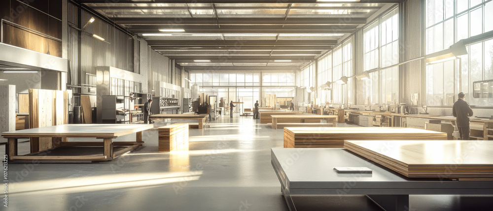 A spacious modern carpentry workshop filled with wooden panels and work tables, bustling with activity under bright lighting A spacious modern carpentry workshop filled with wooden panels and work tables, bustling with activity under bright lighting