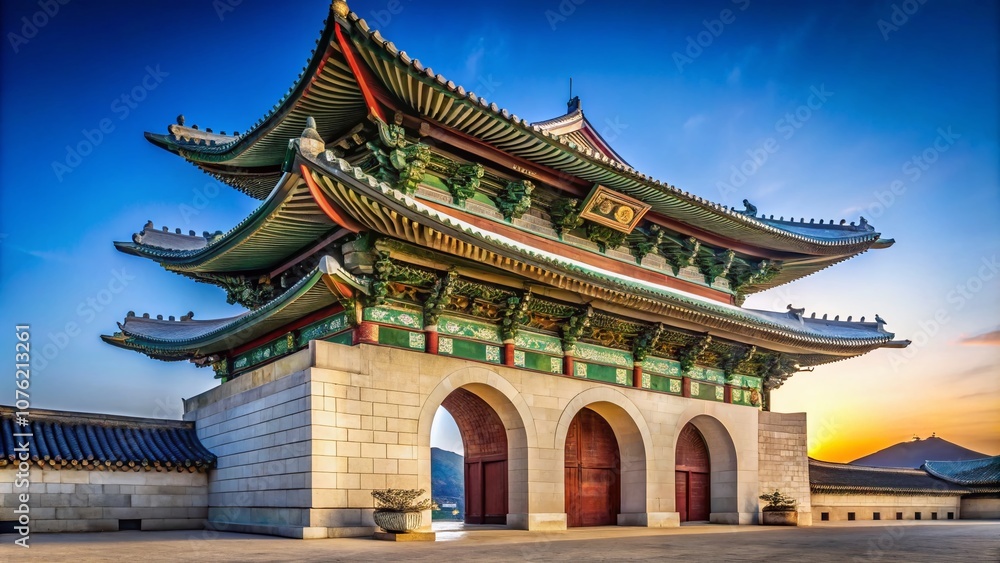 Gwanghwamun Gate, bathed in vibrant blue sky, a stunning AI photo. Gwanghwamun Gate, bathed in vibrant blue sky, a stunning AI photo.