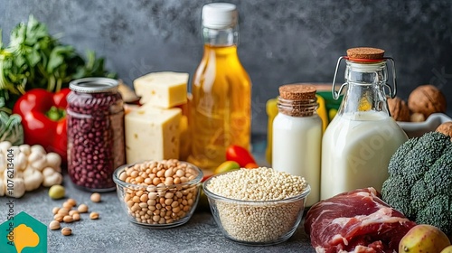 On the table are products - Legumes (beans, peas, lentils), Cruciferous vegetables (cabbage, broccoli, cauliflower), Dairy products (milk, yogurt, cheese) photo