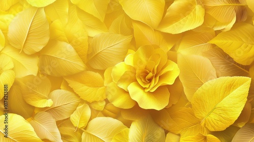 A vibrant composition of yellow leaves and a blooming yellow flower, creating a sunny and cheerful atmosphere.