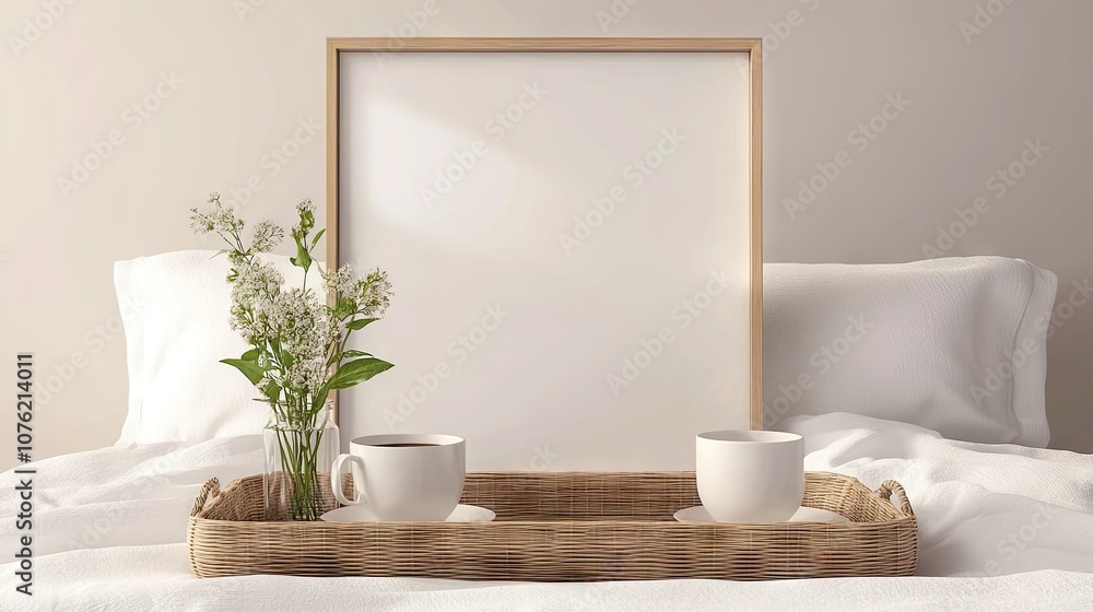 Cozy Morning Setup Featuring Two White Cups on a Natural Woven Tray with Fresh Flowers and a Blank Frame in a Bright, Minimalist Bedroom Environment Cozy Morning Setup Featuring Two White Cups on a Natural Woven Tray with Fresh Flowers and a Blank Frame in a Bright, Minimalist Bedroom Environment