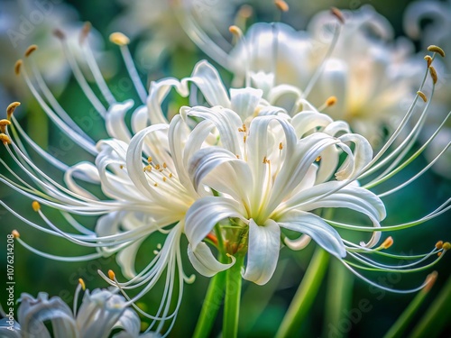 Long exposure captures a white spider lily's delicate bloom. photo