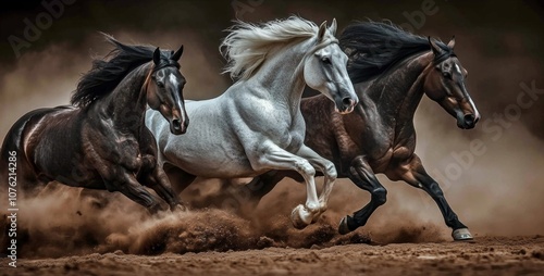 Three horses are running in a field, with one of them being brown photo