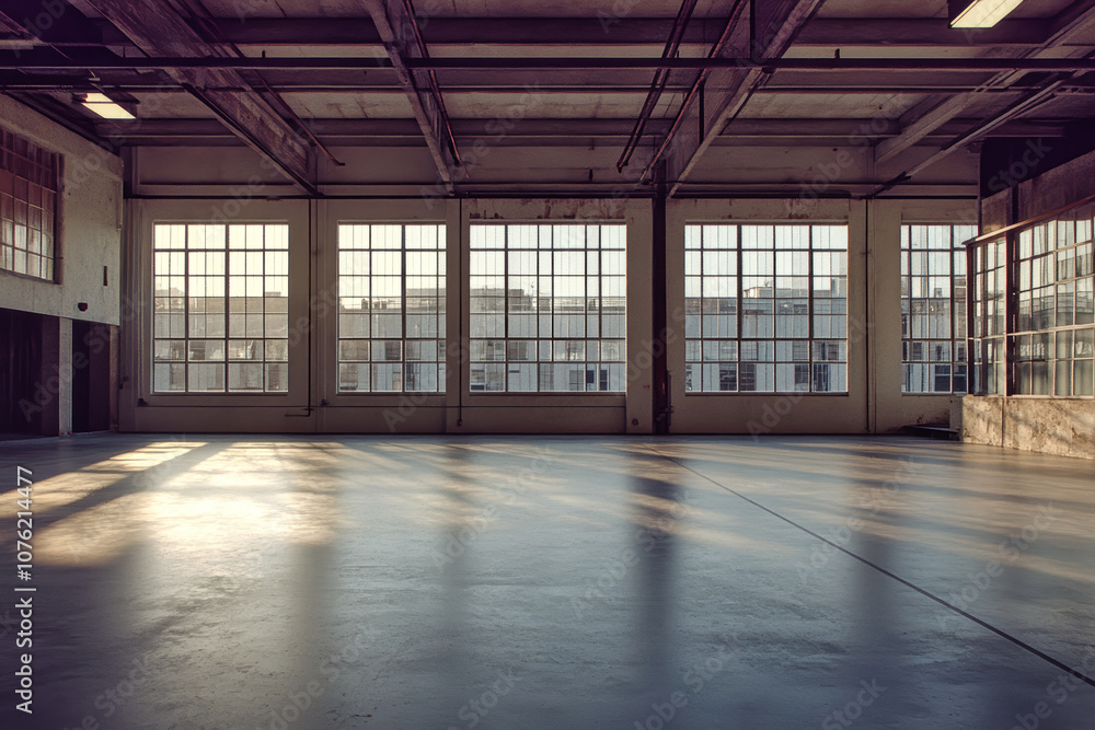 A spacious, modern warehouse with large windows and concrete floor illuminated by natural light in a clean industrial setting A spacious, modern warehouse with large windows and concrete floor illuminated by natural light in a clean industrial setting