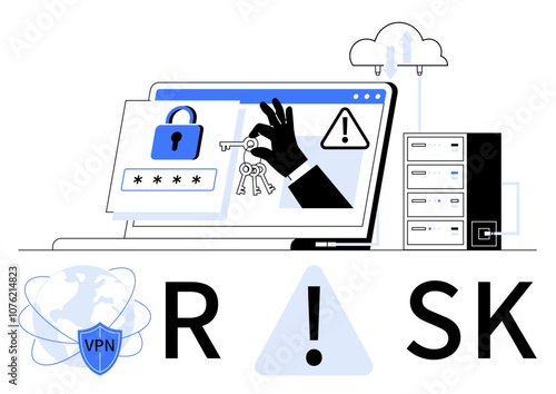 Open laptop showing security icons thumbs up locked padlock, passwords, hand holding keys, and warning sign. Ideal for cybersecurity awareness, data protection, risk analysis, VPN services, IT