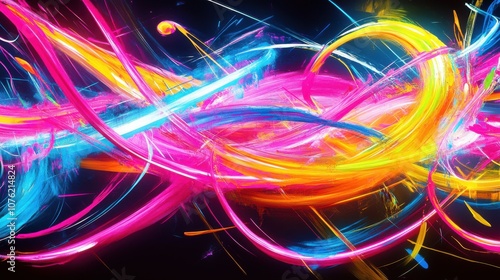 Vibrant abstract art with swirling colors of pink, blue, and yellow on a dark background, creating a sense of movement.