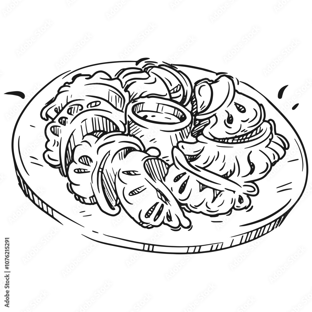Delicious plate of savory dumplings served with sliced vegetables and dipping sauce at a local restaurant Delicious plate of savory dumplings served with sliced vegetables and dipping sauce at a local restaurant