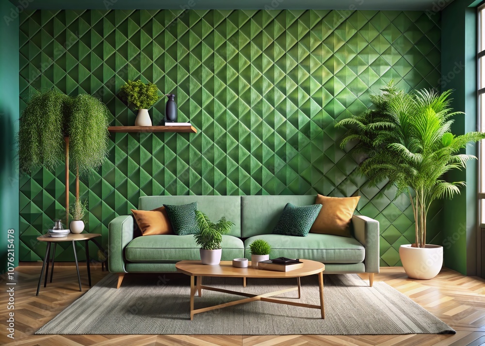 Fototapeta premium Modern living room design with a vibrant, textured green wall.