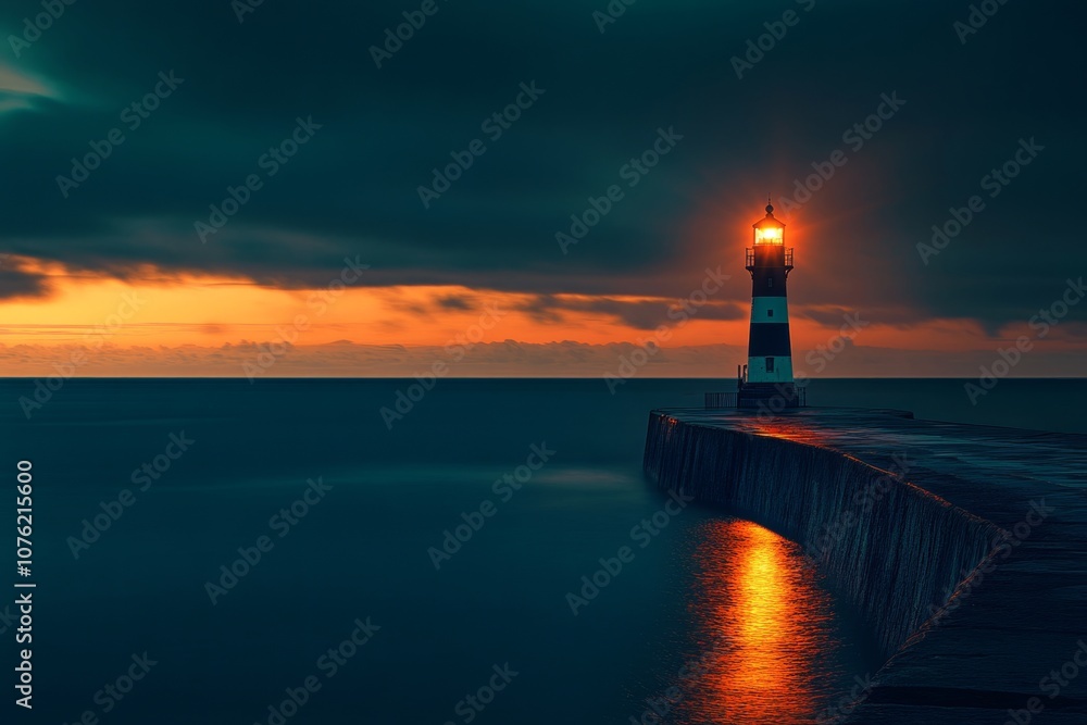 Fototapeta premium A stunning lighthouse stands tall against a dramatic sky. The warm glow of its light pierces the darkening clouds. A serene moment by the sea at sunset. Generative AI