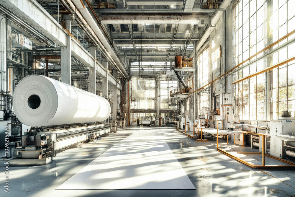 A large roll of white paper in a bright industrial printing house with modern machinery and conveyor belts, showcasing a sleek production environment A large roll of white paper in a bright industrial printing house with modern machinery and conveyor belts, showcasing a sleek production environment