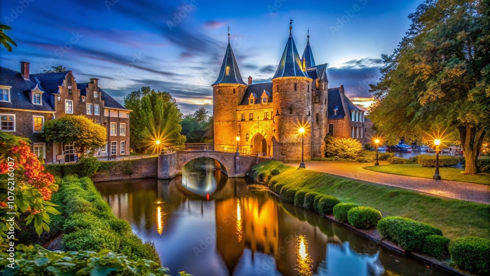 Nighttime Sassenpoort, Zwolle park view; AI-rendered artistry. Nighttime Sassenpoort, Zwolle park view; AI-rendered artistry.