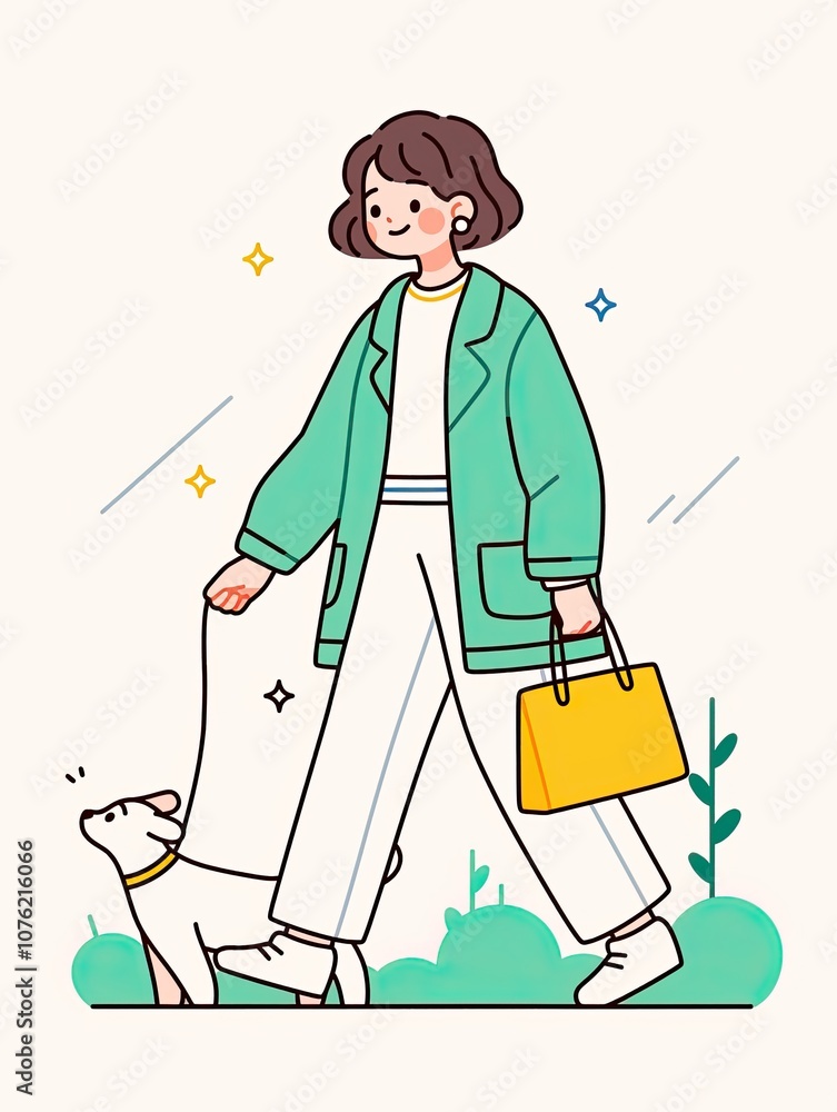 Cute Icon of a Girl Walking a Dog with Leash in Flat Style, Featuring Soft Colors and Minimal, Clean Lines Cute Icon of a Girl Walking a Dog with Leash in Flat Style, Featuring Soft Colors and Minimal, Clean Lines