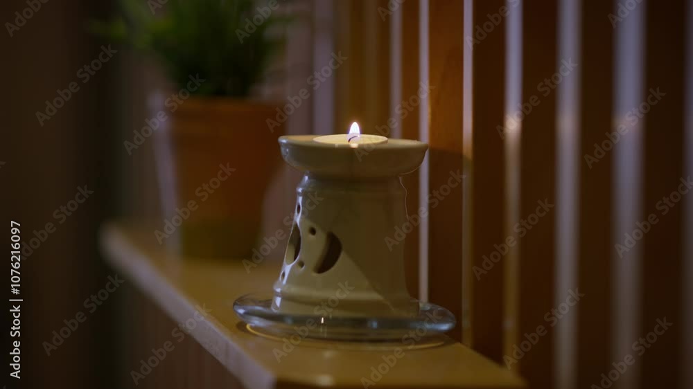 Close-up of a lit candle and a potted plant placed against wooden panels, creating a serene and cozy atmosphere. Concept of relaxation, aromatherapy, wellness, and minimalist interior design. Close-up of a lit candle and a potted plant placed against wooden panels, creating a serene and cozy atmosphere. Concept of relaxation, aromatherapy, wellness, and minimalist interior design.