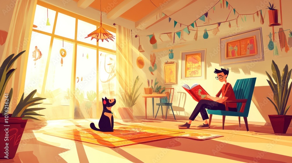 A cozy indoor scene with a person reading and a cat, bathed in warm sunlight. A cozy indoor scene with a person reading and a cat, bathed in warm sunlight.