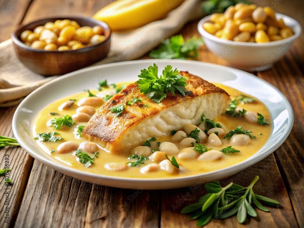 Pan-seared fish, tilted for visual drama, atop creamy white beans. Pan-seared fish, tilted for visual drama, atop creamy white beans.